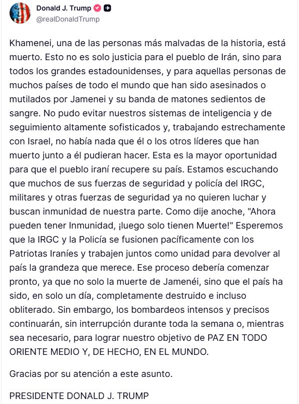 Trump asegura que el líder supremo de Irán murió