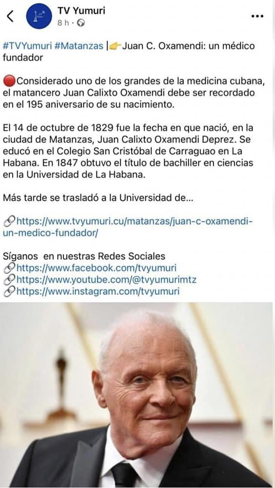 TV Yumuri comete un error garrafal al confundir al médico cubano Juan Calixto Oxamendi con el actor Anthony Hopkins