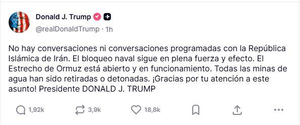 Trump escribe un mensaje sobre negociaciones con Irán