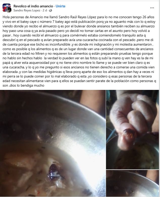 Anciano encuentra una cucaracha en el pescado en comedor de ancianos en Amancio